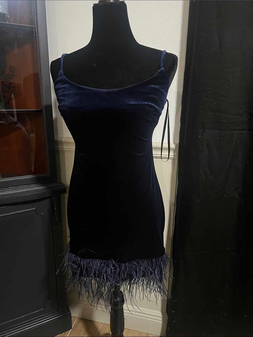 B Darlin Navy Velvet Mini Dress with Feather Hem